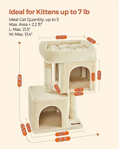 Feandrea Cat Tree, 26.4-Inch Small Cat Tower, Cute Plush Condo, Beige