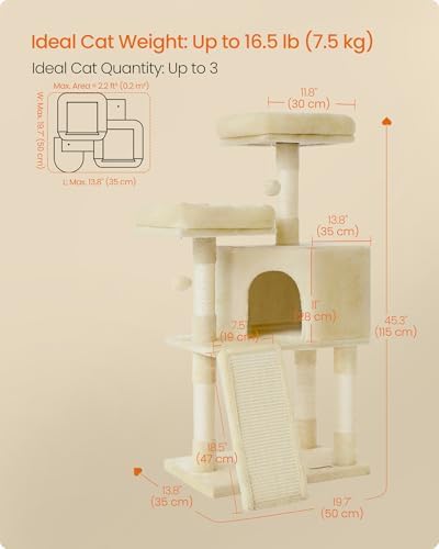 Feandrea Cat Tree, 45.3-Inch Cute Cat Tower, Plush Climbing Condo, Beige
