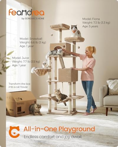 Feandrea Cat Tree, 81.1-in Large Cat Tower, Multi-Level Condo, Camel Brown